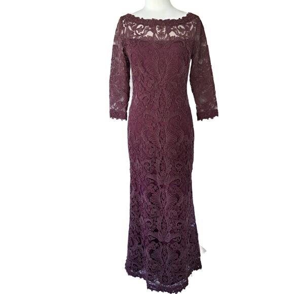 TADASHI SHOJI Corded Embroidery Formal Gown 10 Burgundy 3/4 Sleeve Maxi Dress - Picture 2 of 16